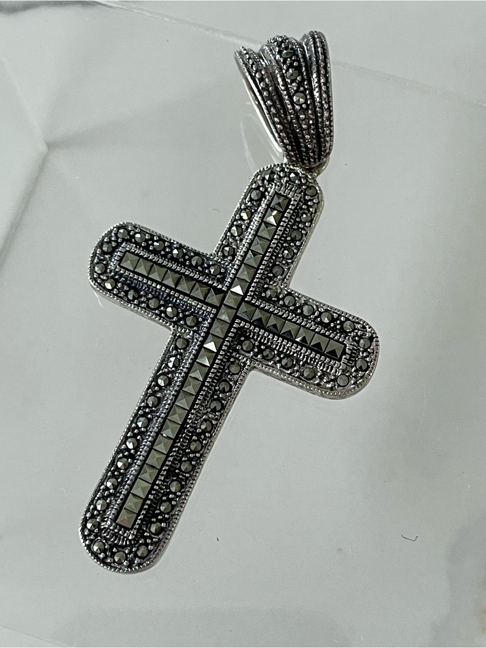 Large Vintage 925 Sterling Silver Marcasite Stone Cross Pendant